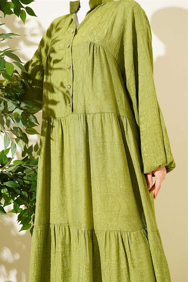 Embossed Pattern Buttoned Layered Dress in Sage Green