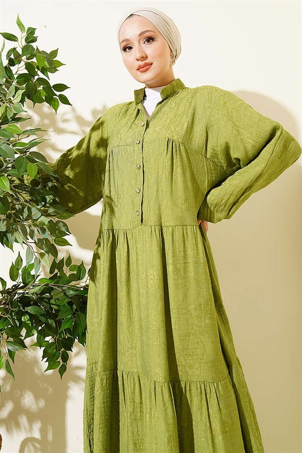 Embossed Pattern Buttoned Layered Dress in Sage Green