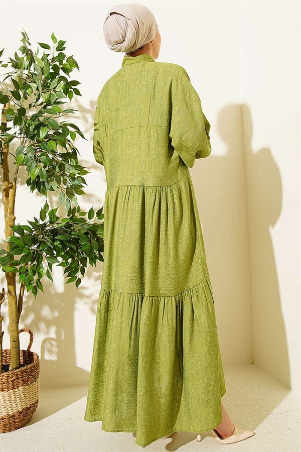 Embossed Pattern Buttoned Layered Dress in Sage Green