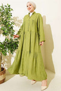 Embossed Pattern Buttoned Layered Dress in Sage Green