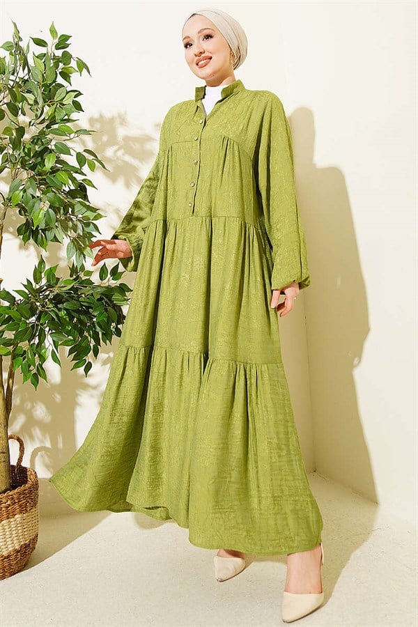 Embossed Pattern Buttoned Layered Dress in Sage Green