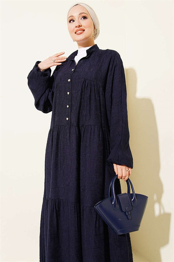 Embossed Pattern Buttoned Layered Dress Navy Blue