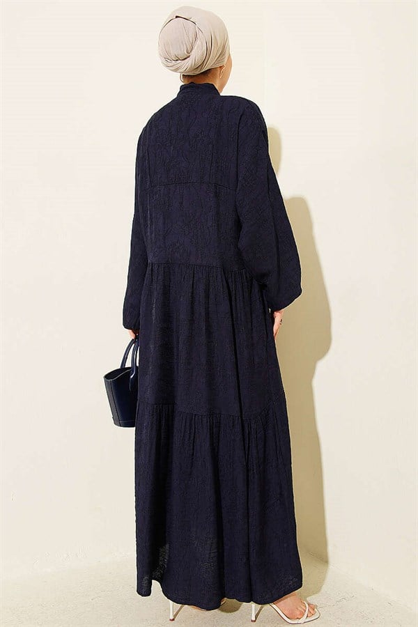 Embossed Pattern Buttoned Layered Dress Navy Blue