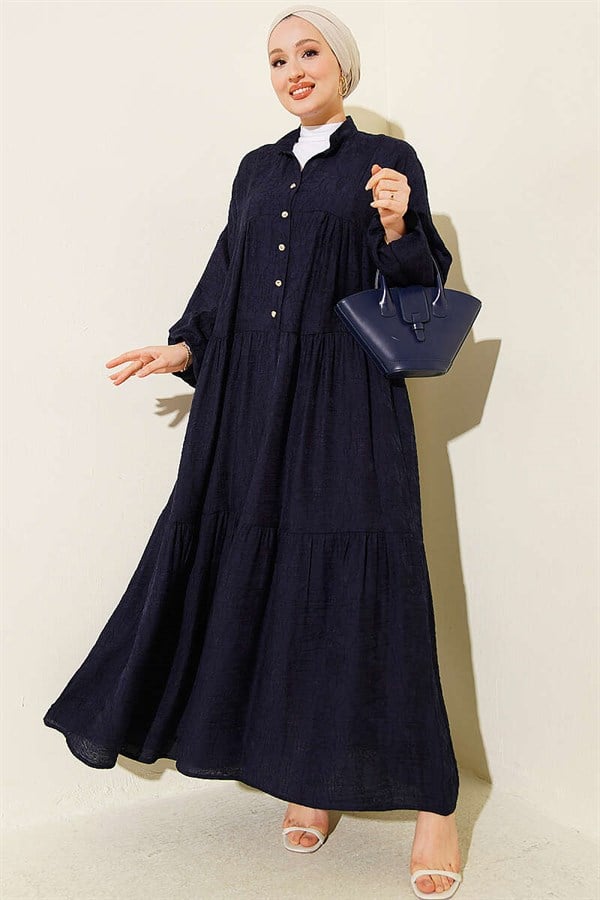 Embossed Pattern Buttoned Layered Dress Navy Blue