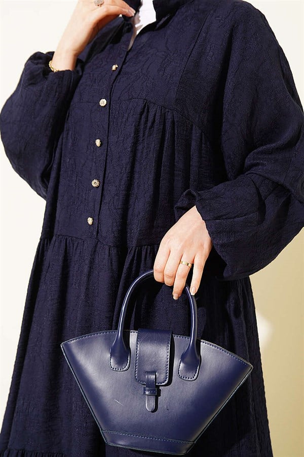 Embossed Pattern Buttoned Layered Dress Navy Blue