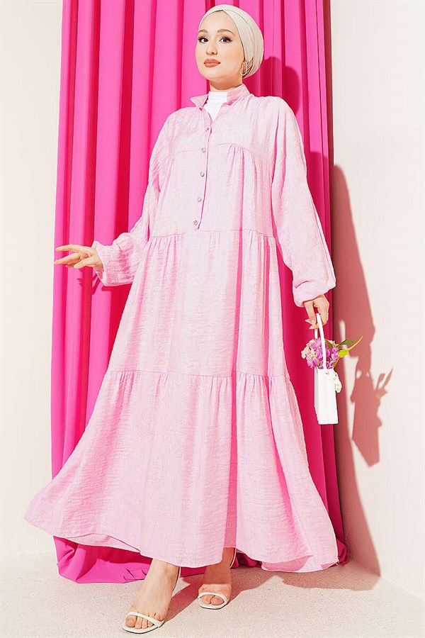Embossed Pattern Buttoned Layered Dress Pink