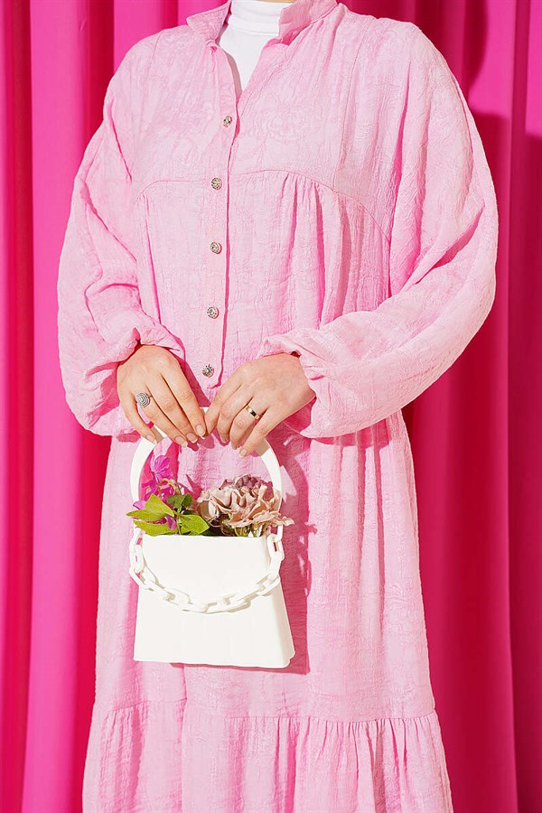 Embossed Pattern Buttoned Layered Dress Pink