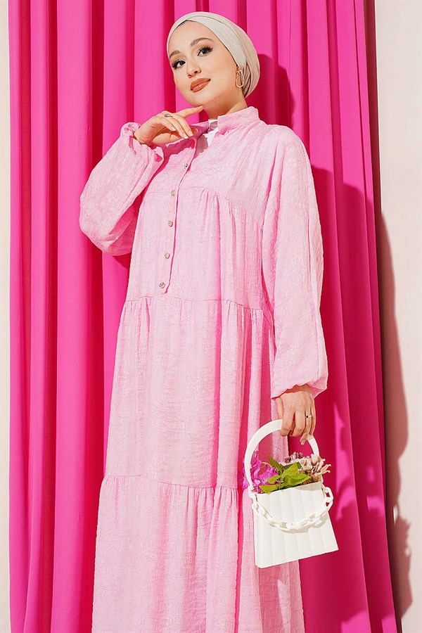 Embossed Pattern Buttoned Layered Dress Pink