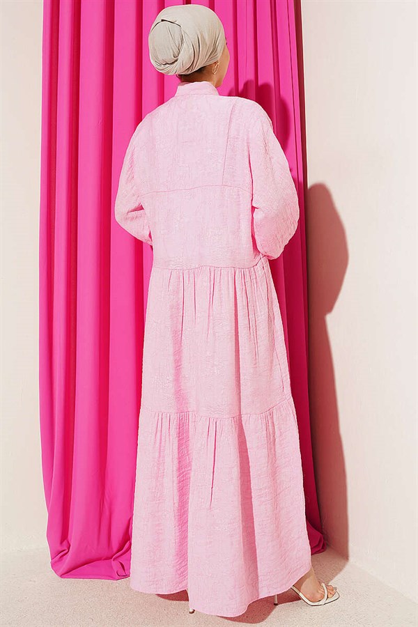 Embossed Pattern Buttoned Layered Dress Pink