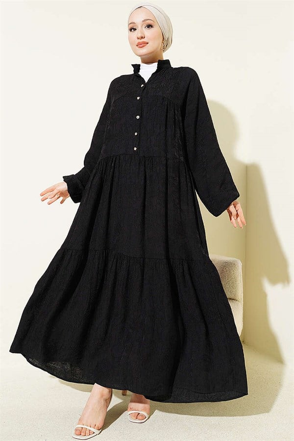 Embossed Pattern Buttoned Layered Dress Black