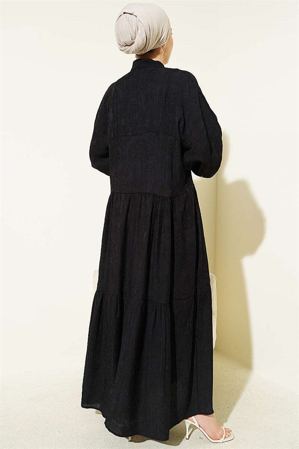 Embossed Pattern Buttoned Layered Dress Black