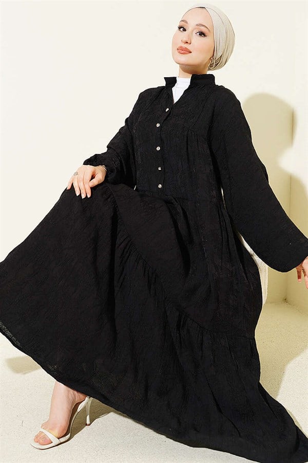 Embossed Pattern Buttoned Layered Dress Black