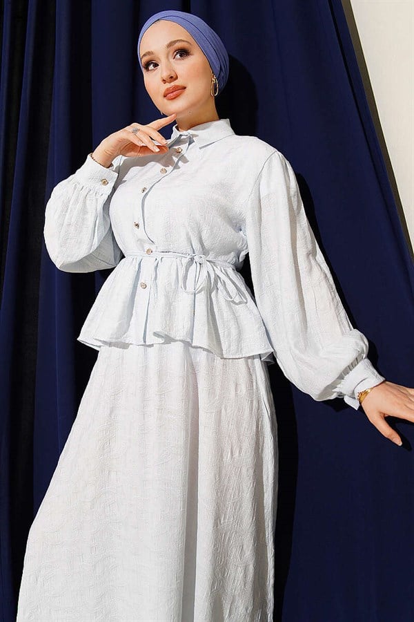 Embossed Patterned Tie Belt Skirt 2 Piece Set Ice Blue