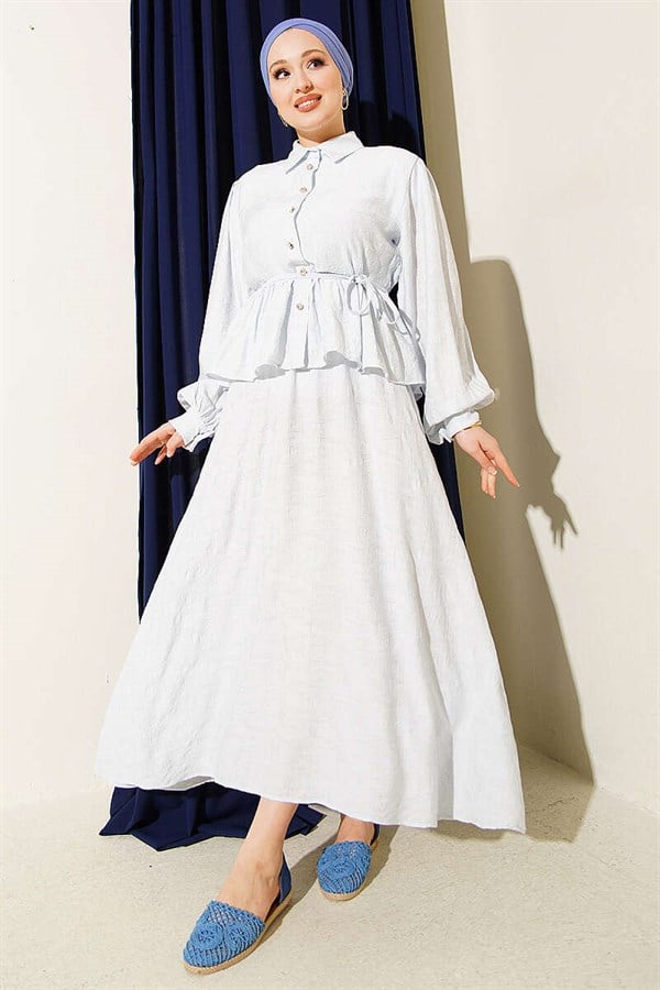 Embossed Patterned Tie Belt Skirt 2 Piece Set Ice Blue