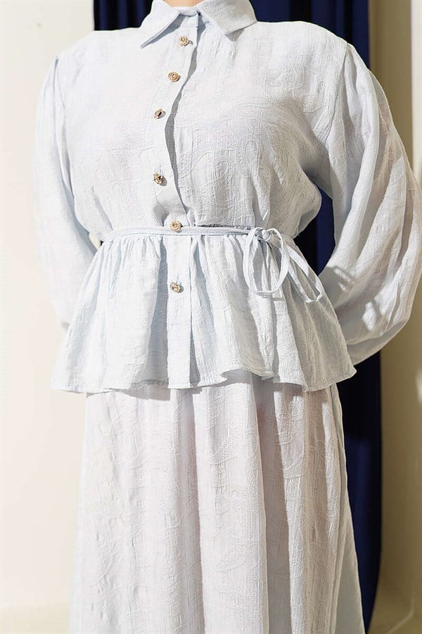 Embossed Patterned Tie Belt Skirt 2 Piece Set Ice Blue