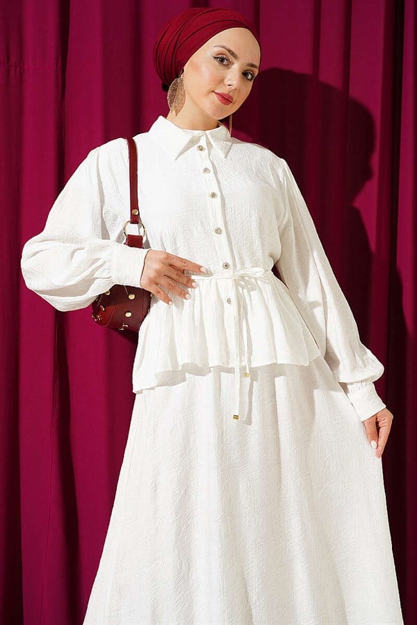 Embossed Patterned Skirt 2 Piece Set with String Belt, Ecru