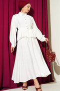 Embossed Patterned Skirt 2 Piece Set with String Belt, Ecru