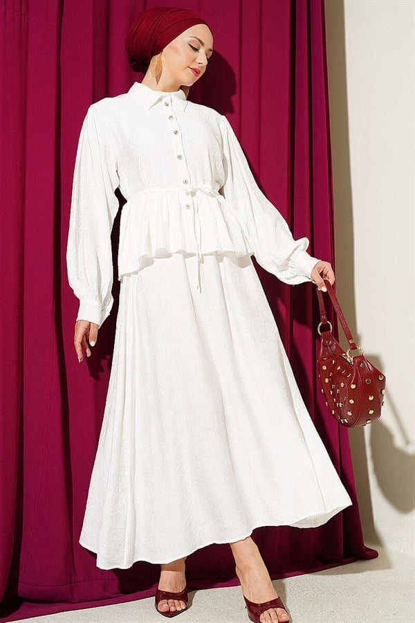 Embossed Patterned Skirt 2 Piece Set with String Belt, Ecru
