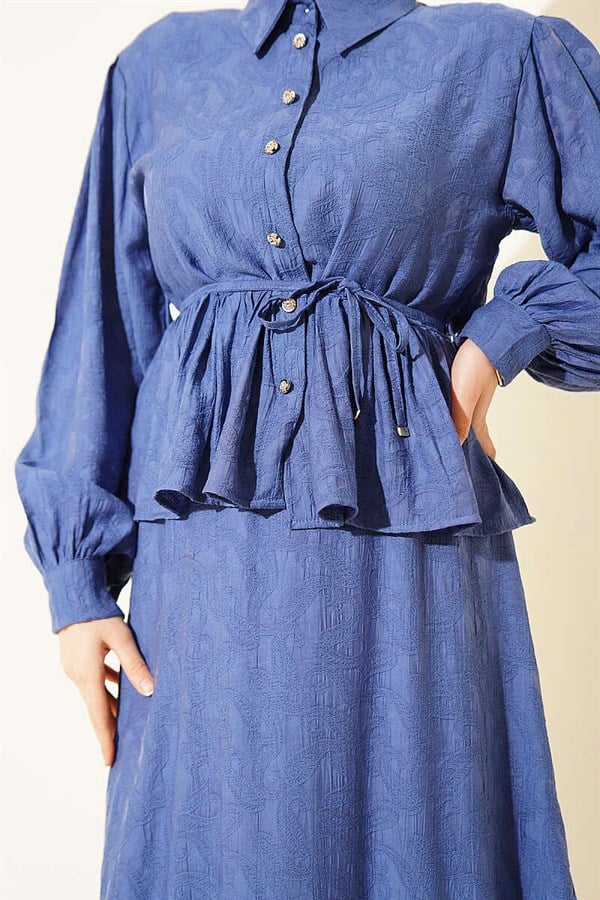 Embossed Patterned Belted Skirt 2 Piece Set Indigo