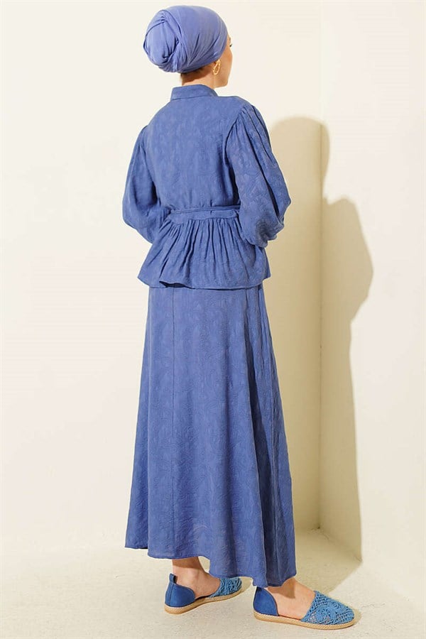 Embossed Patterned Belted Skirt 2 Piece Set Indigo