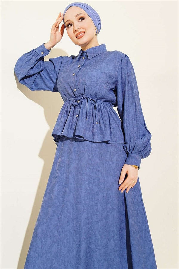 Embossed Patterned Belted Skirt 2 Piece Set Indigo