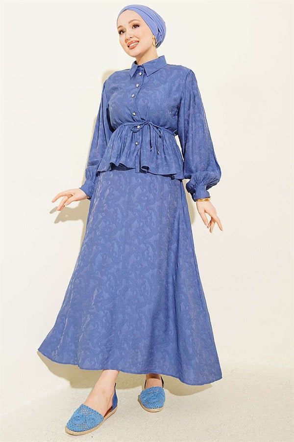Embossed Patterned Belted Skirt 2 Piece Set Indigo
