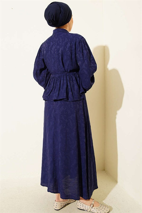 Embossed Patterned Skirt and Belt Set in Navy Blue