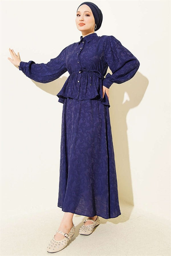 Embossed Patterned Skirt and Belt Set in Navy Blue