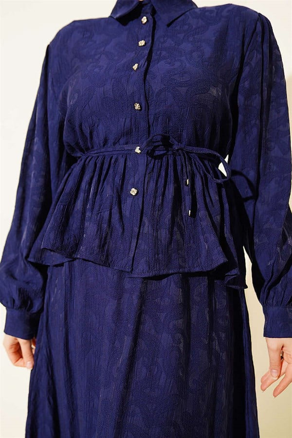 Embossed Patterned Skirt and Belt Set in Navy Blue