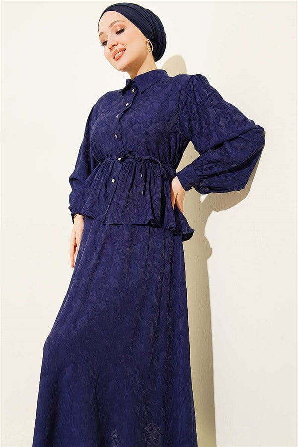 Embossed Patterned Skirt and Belt Set in Navy Blue