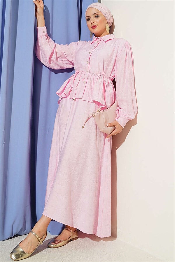 Embossed Patterned Tie Belt Skirt 2 Piece Set Pink