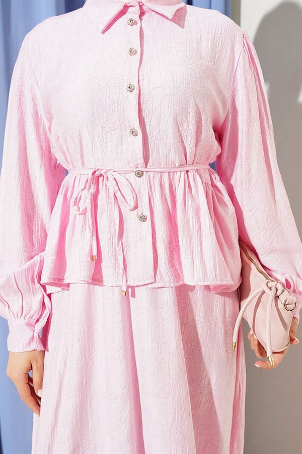 Embossed Patterned Tie Belt Skirt 2 Piece Set Pink