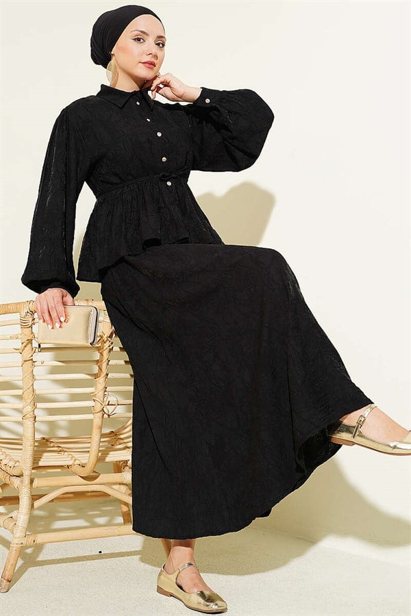 Embossed Patterned Tie Belt Skirt 2 Piece Set, Black