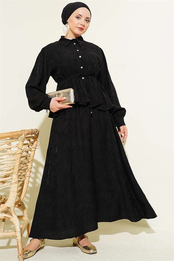 Embossed Patterned Tie Belt Skirt 2 Piece Set, Black