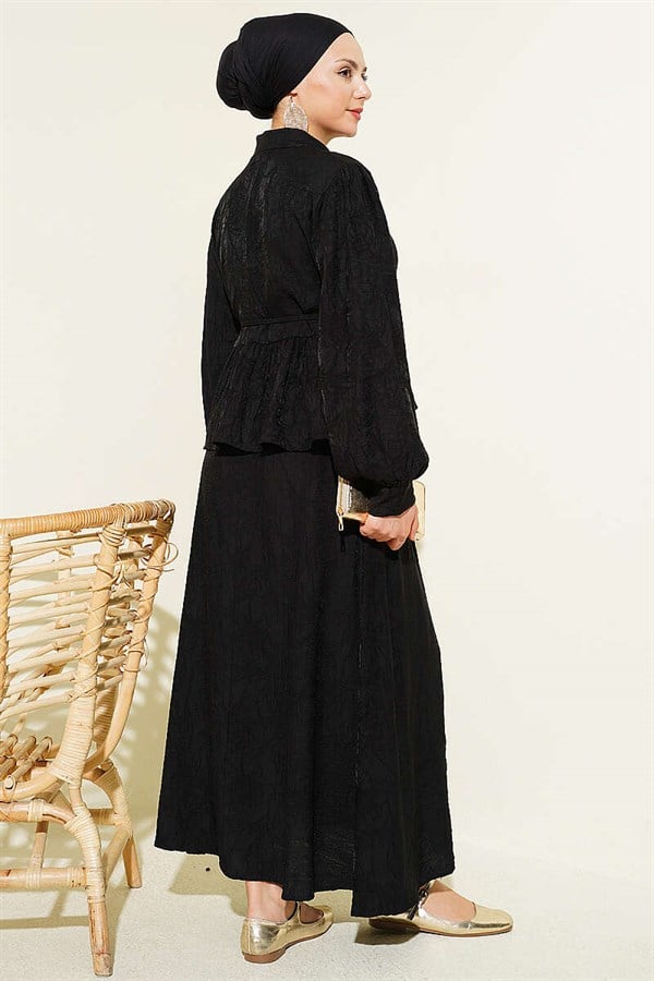 Embossed Patterned Tie Belt Skirt 2 Piece Set, Black