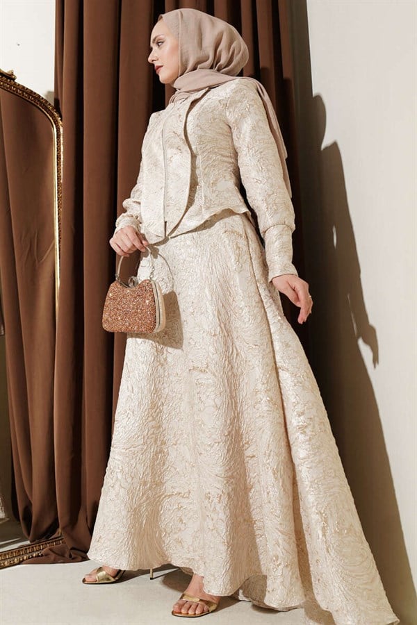 Embossed Jacquard Skirt 2 Piece Set, Beige