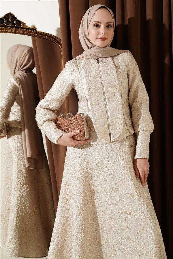 Embossed Jacquard Skirt 2 Piece Set, Beige