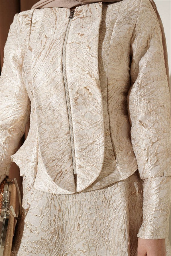 Embossed Jacquard Skirt 2 Piece Set, Beige