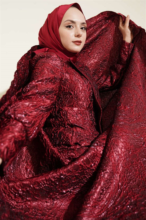 Embossed Jacquard Skirt 2 Piece Set in Burgundy