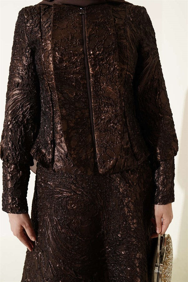 Embossed Jacquard Skirt 2 Piece Set in Coffee