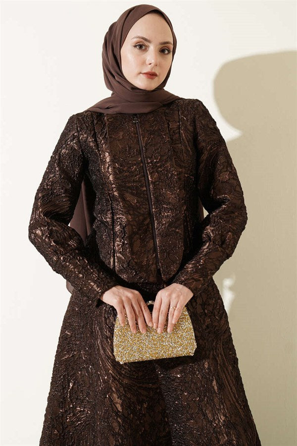 Embossed Jacquard Skirt 2 Piece Set in Coffee