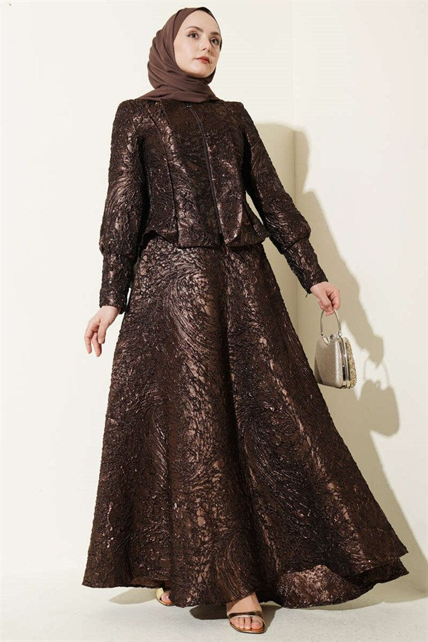 Embossed Jacquard Skirt 2 Piece Set in Coffee