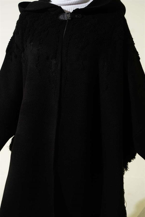Embossed Pattern Tasseled Hooded Poncho Black