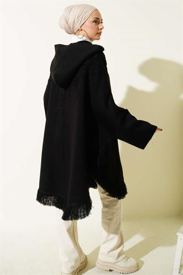 Embossed Pattern Tasseled Hooded Poncho Black