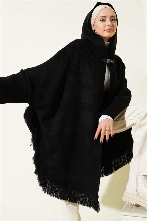 Embossed Pattern Tasseled Hooded Poncho Black