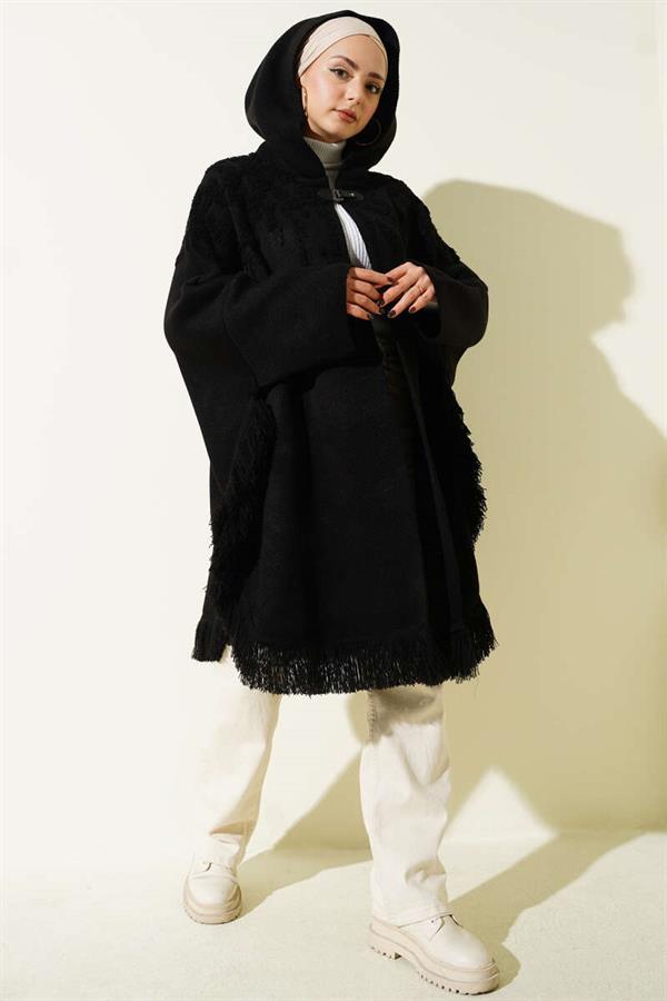 Embossed Pattern Tasseled Hooded Poncho Black