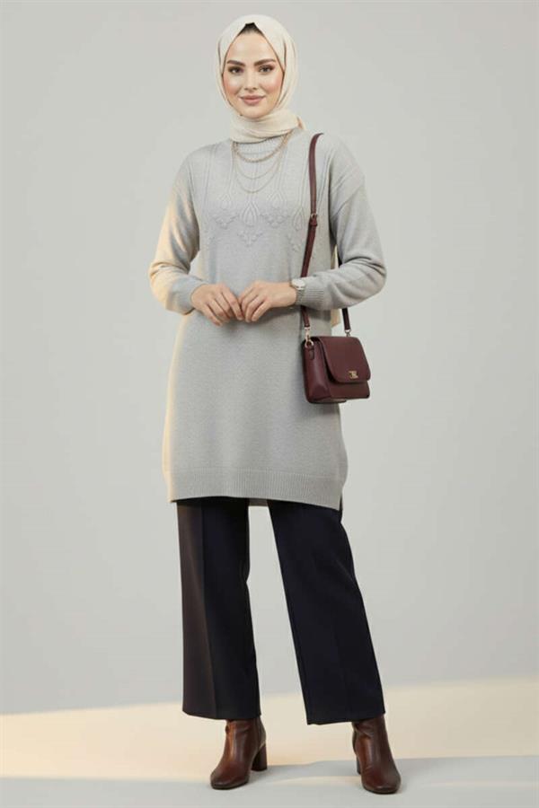 Embossed Pattern Soft Knit Tunic Gray