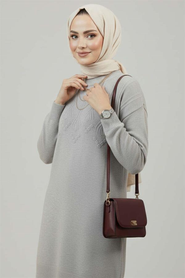 Embossed Pattern Soft Knit Tunic Gray
