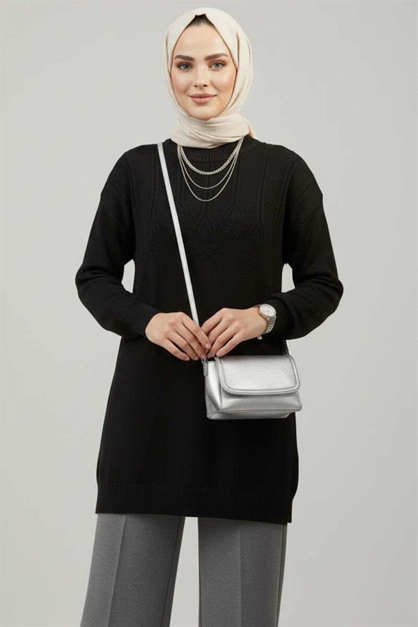 Embossed Pattern Soft Knit Tunic Black