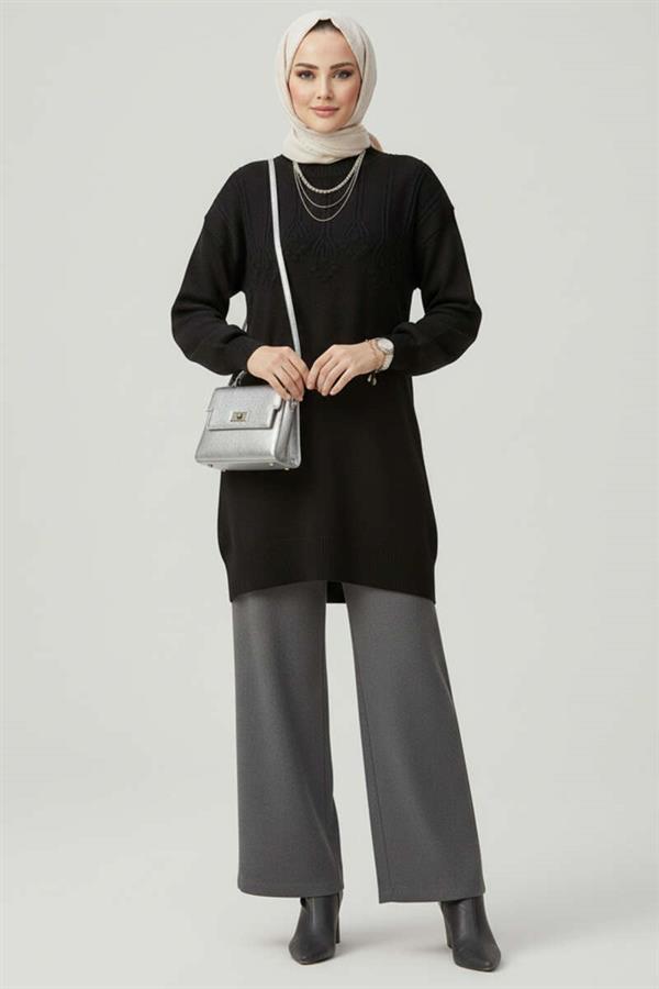 Embossed Pattern Soft Knit Tunic Black